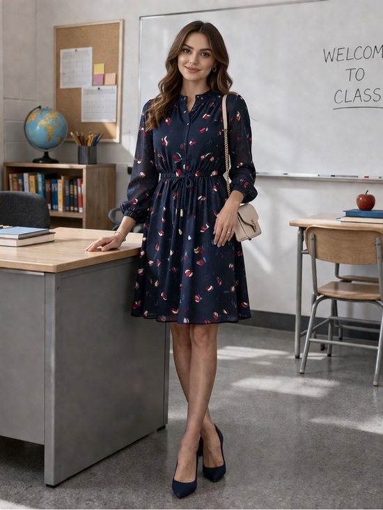 Reitmans Dresses & Skirts - Reitmans Navy Long Sleeve Dress with Geometric design.